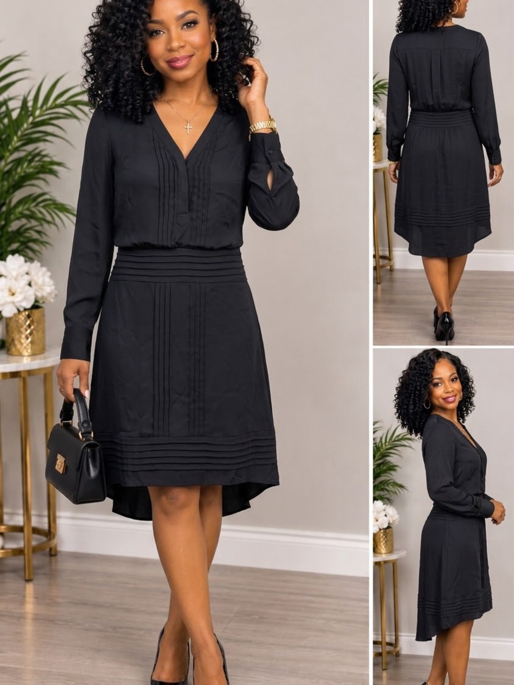 White House Black Market Black V-Neck Long Sleeve Pleated Tunic Dress